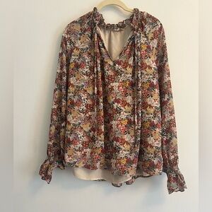 Entro Colorful Floral Ruffle Long Sleeve Baby Doll Style Blouse -Size L